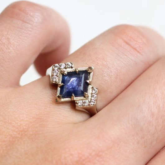 14k White Engagement Ring with 1.85ct Blue Sapphire and Accent Diamonds