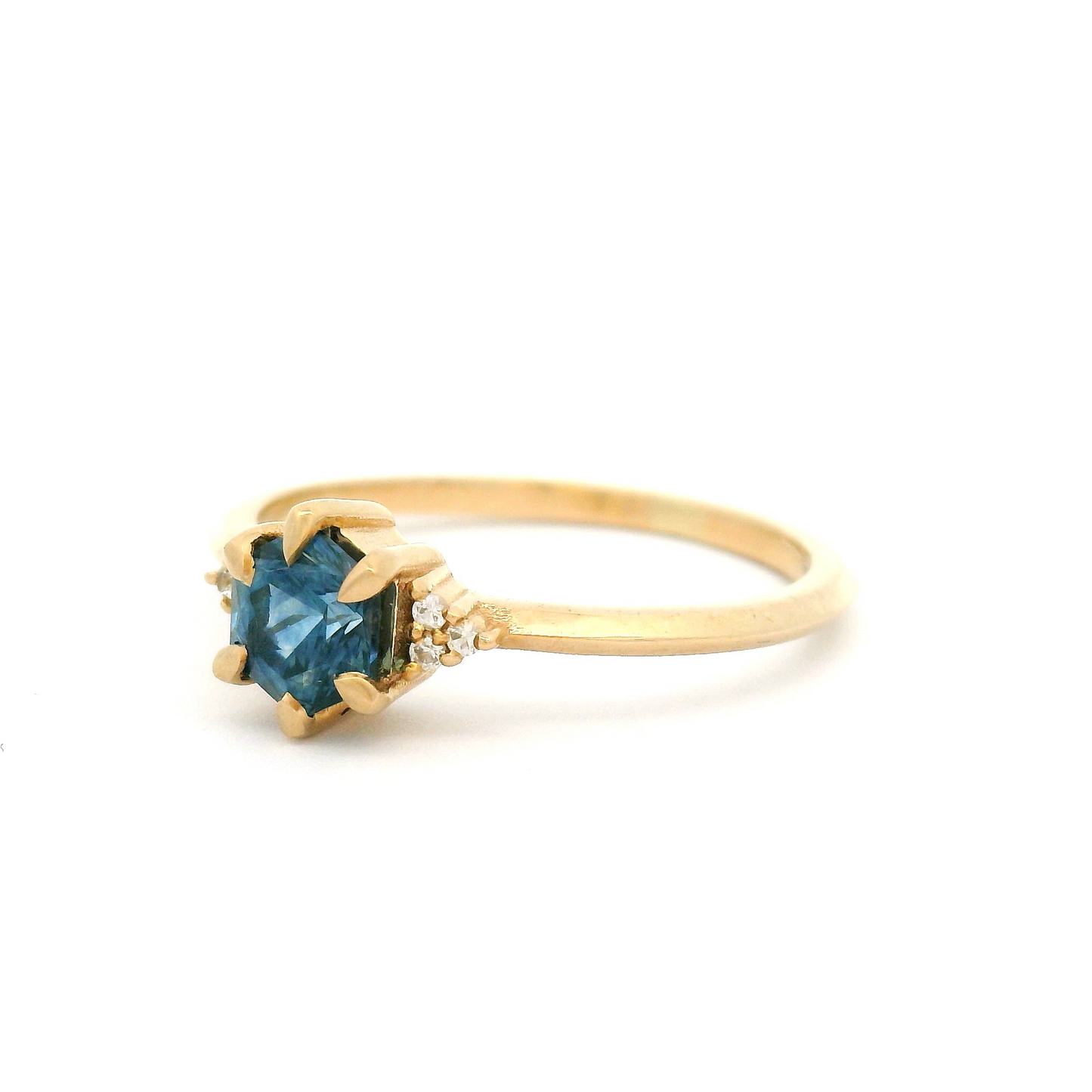10k Yellow Engagement Ring with 0.66ct Montana Blue Hexagon Cut Sapphire and Accent Diamonds