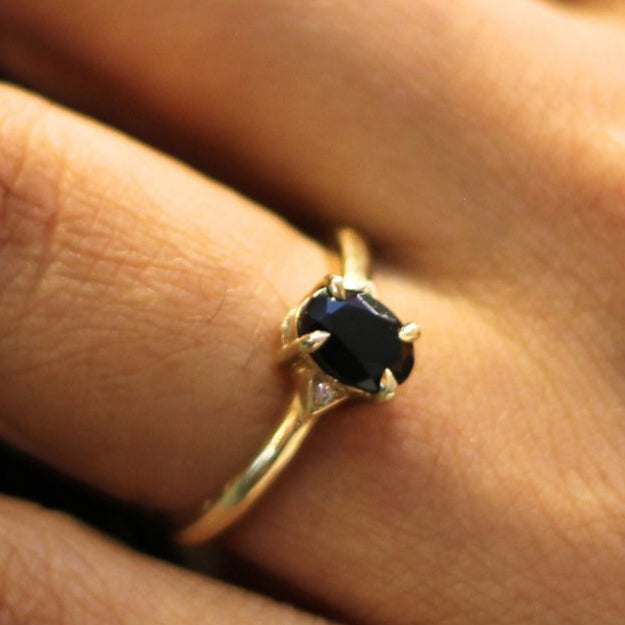 10k Yellow Engagement Ring with 0.75ct Oval-Cut Black Spinel and Accent Diamonds