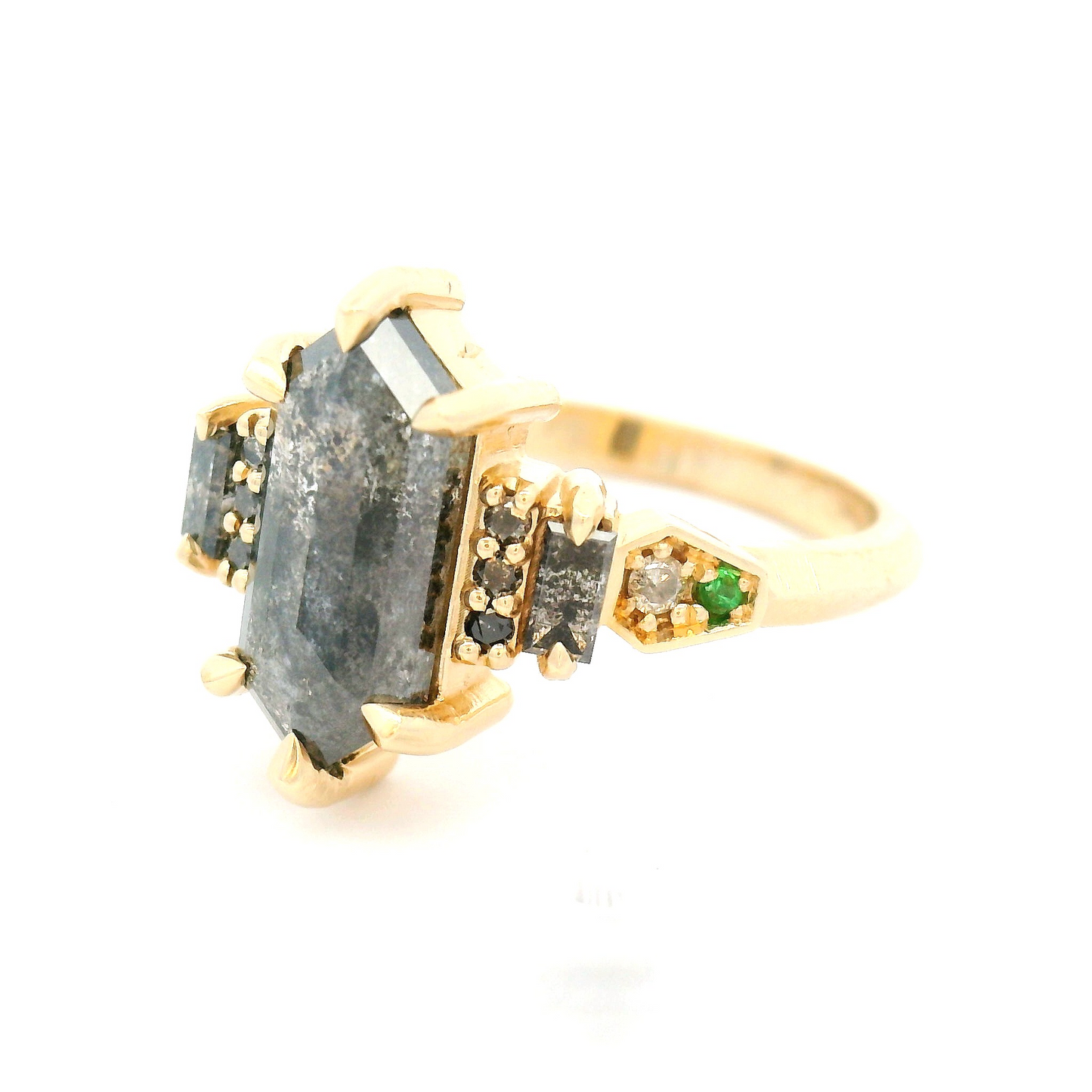 14k Yellow Ring with 2.36ct Rose-Cut Diamond, Accent Diamonds and Tsavorite Garnets