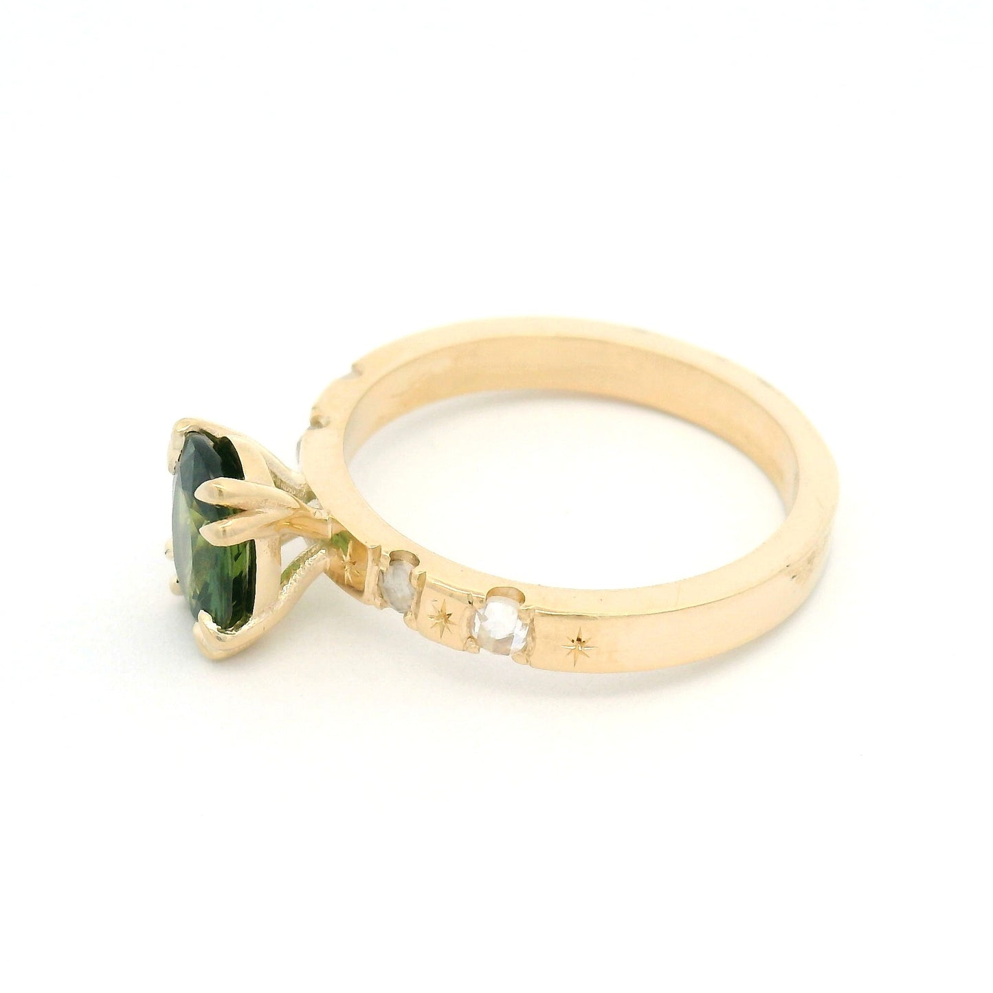 10k Yellow Engagement Ring with 1.37ct Natural Green Sapphire and Accent Moissanites