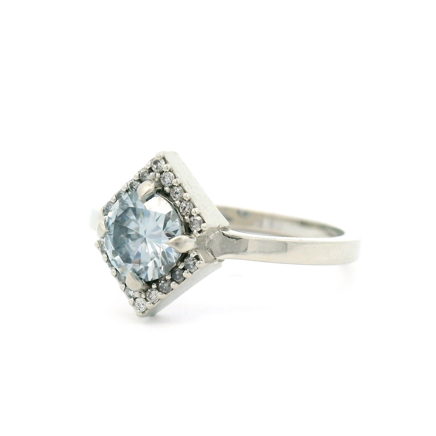 14k White Engagement Ring with 0.64ct Greyish Blue Moissanite with Accent Diamonds