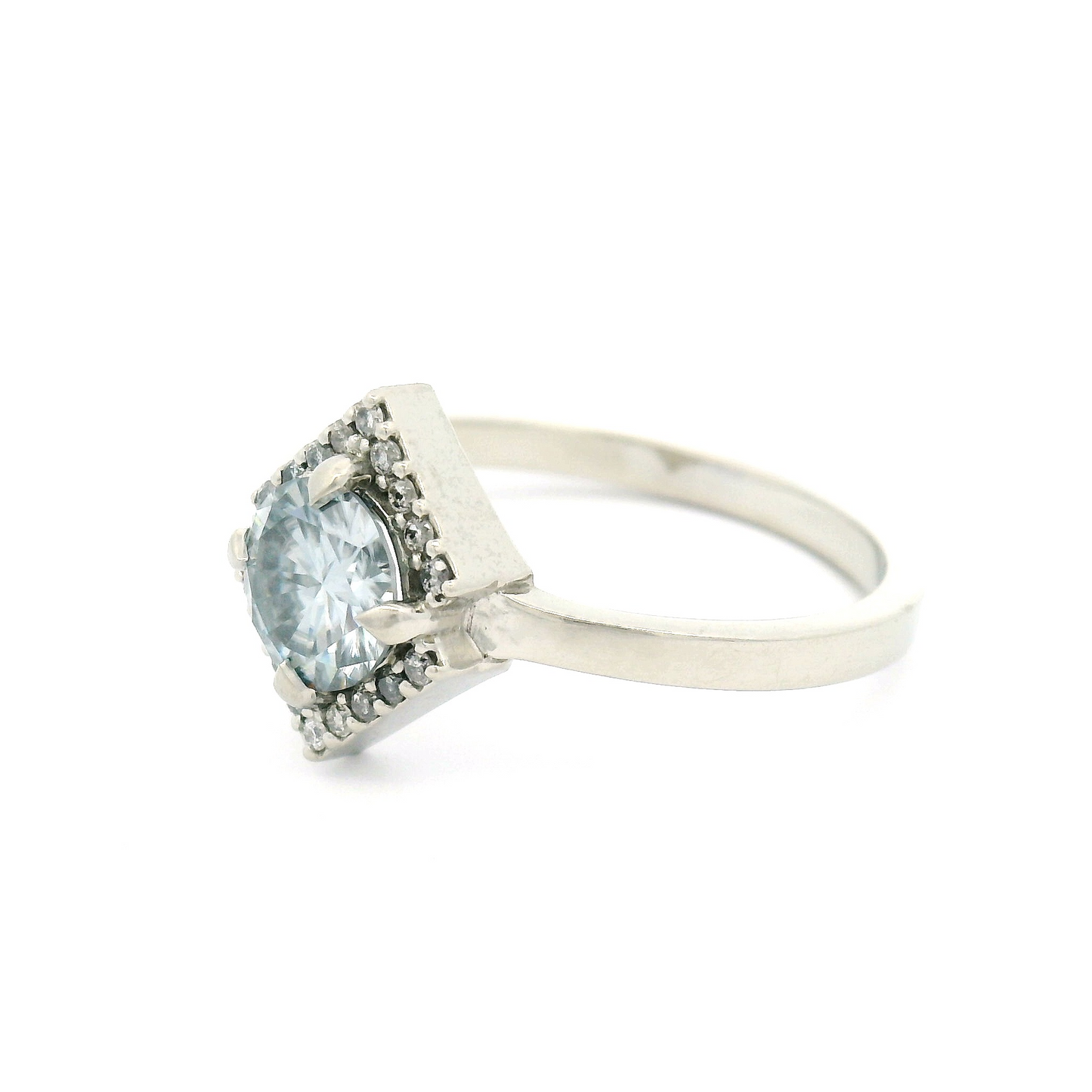 14k White Engagement Ring with 0.64ct Greyish Blue Moissanite with Accent Diamonds
