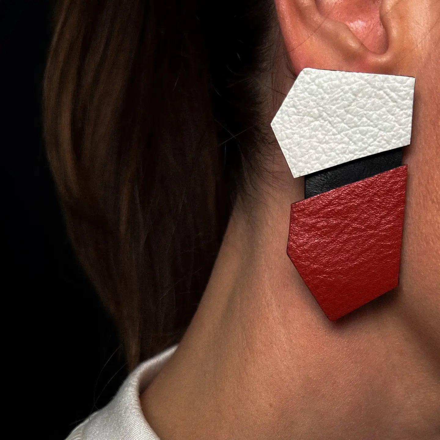 Angled Leather Drop Earrings Red and White