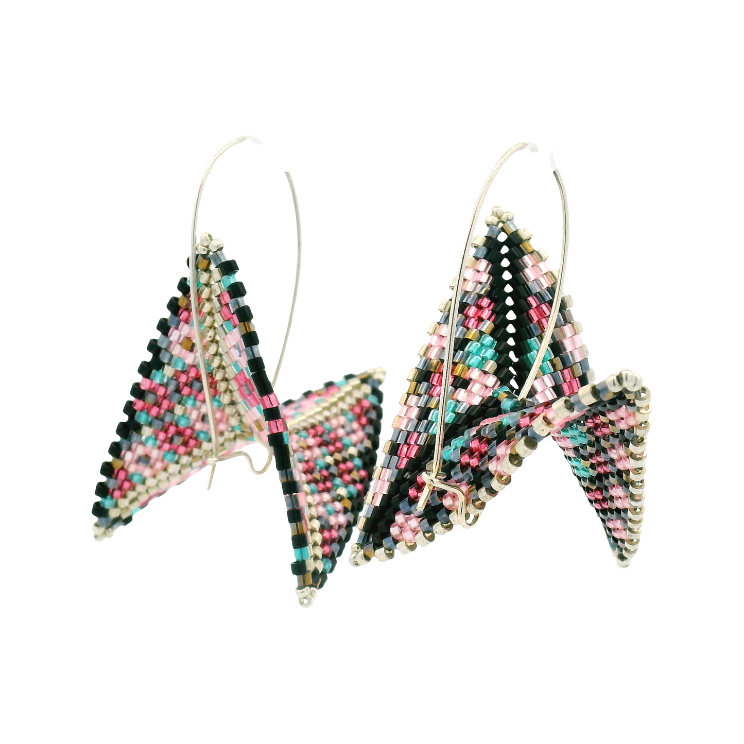 Black, Pink, Blue & Silver Hand Beaded Asymmetrical Warped Earrings
