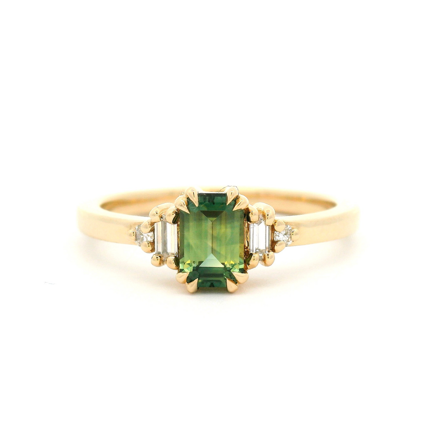 14k Yellow Engagement Ring with 0.75ct Green Emerald-Cut Sapphire and Accent Lab-Grown Diamonds