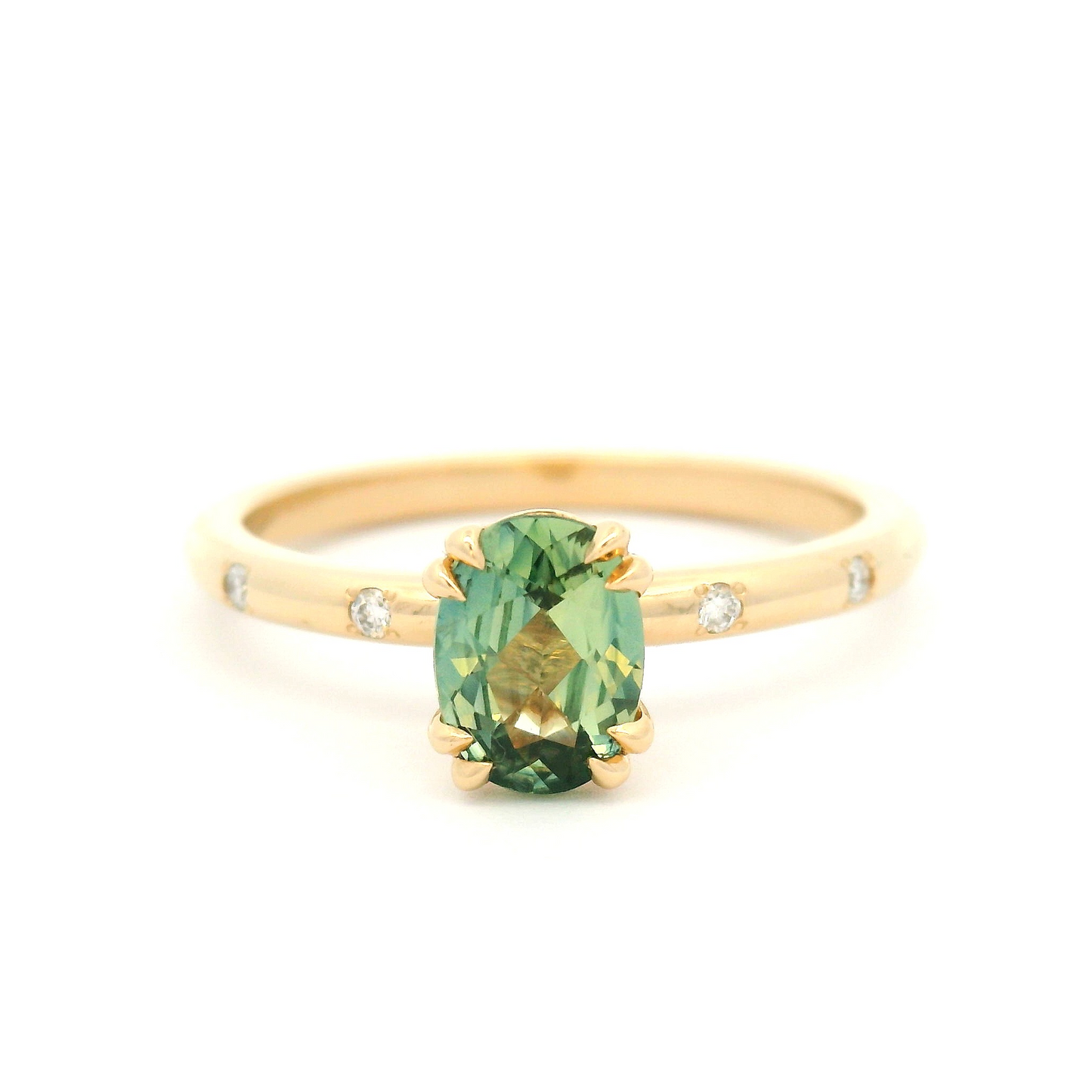 14k Yellow Engagement Ring with 0.79ct Oval Green Sapphire and Accent Diamonds