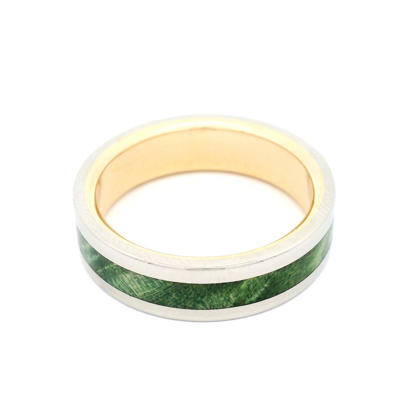 10k White and Yellow 6mm Wide Band with Inlayed Green Burled Maple