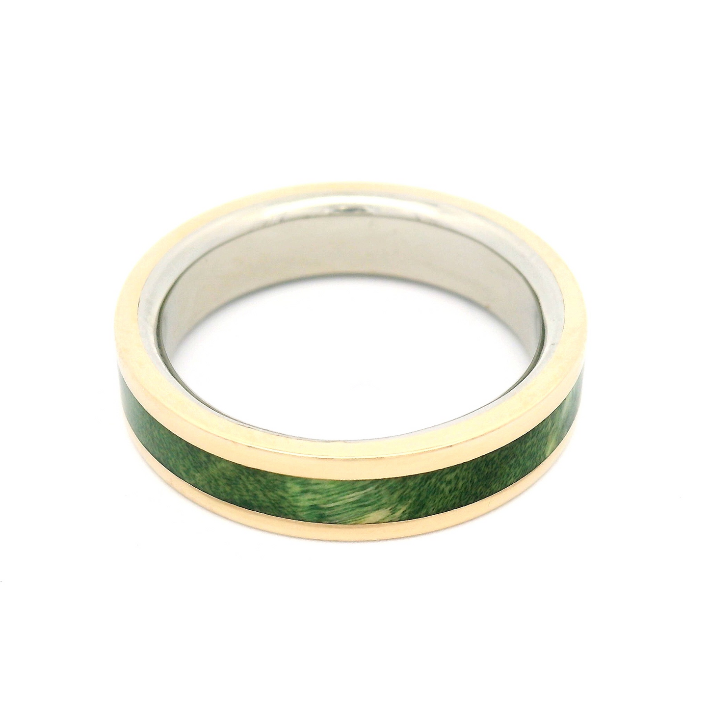 10k Yellow and White 5mm Wide Band with Inlayed Green Burled Maple