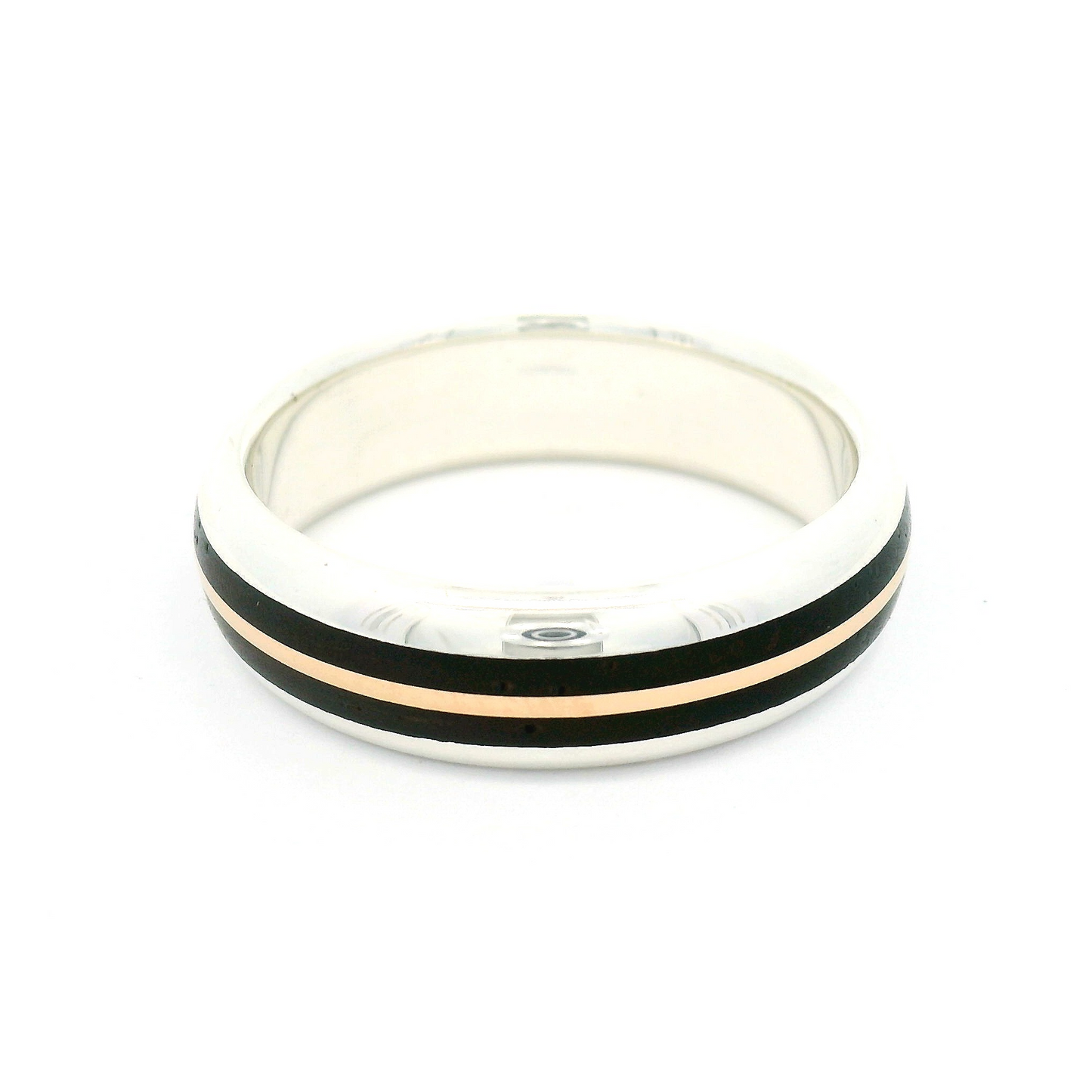 Sterling Silver 6.2mm Wide Half-Round Band with Inlayed 10k Rose Gold and Cocobolo Wood