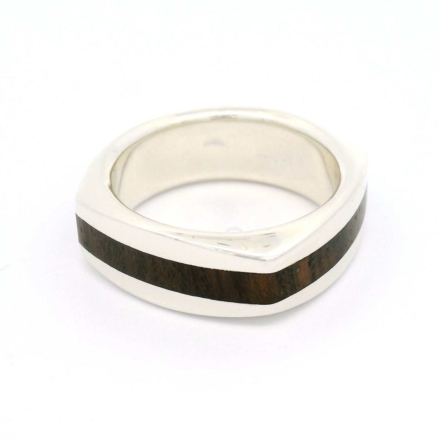 Sterling Silver 8mm Wide Soft Square Band with Inlayed Walnut Wood