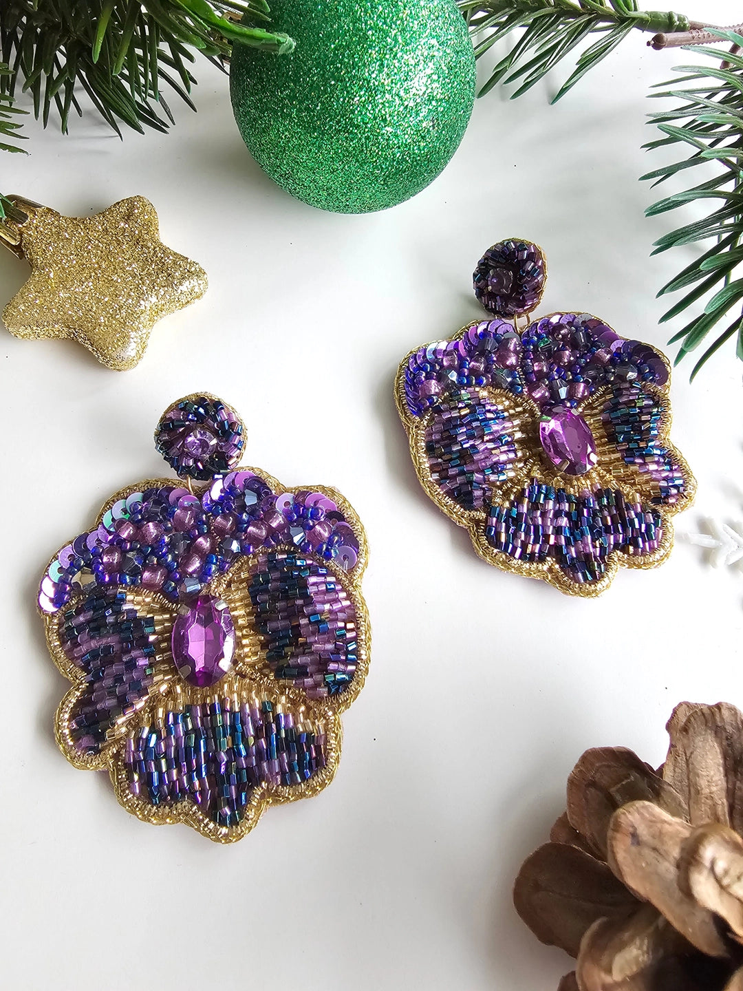 Pansies Flower Earrings - Hand Embroidered