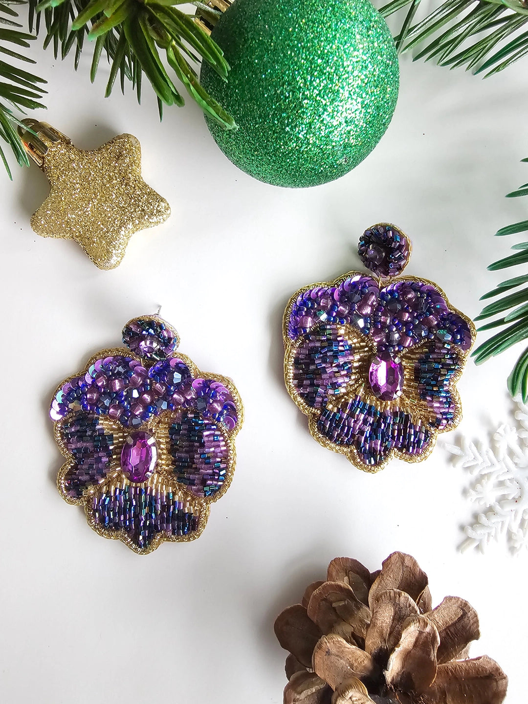 Pansies Flower Earrings - Hand Embroidered