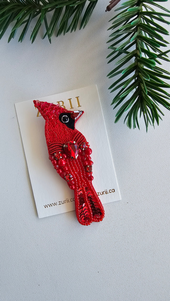 Red Cardinal Pin/Brooch - Hand Embroidered