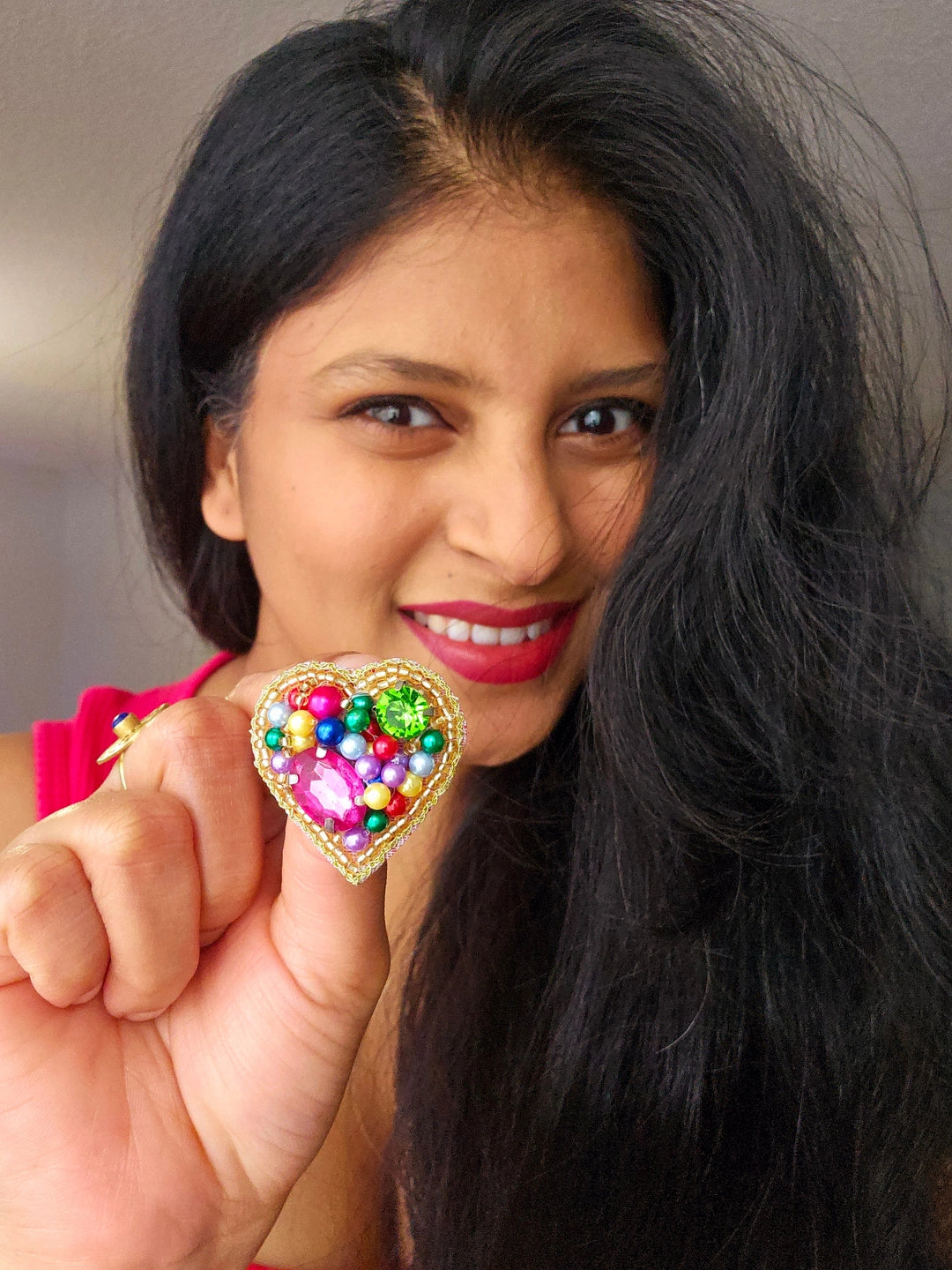 Multicoloured Heart Stud Earrings - Hand Embroidered