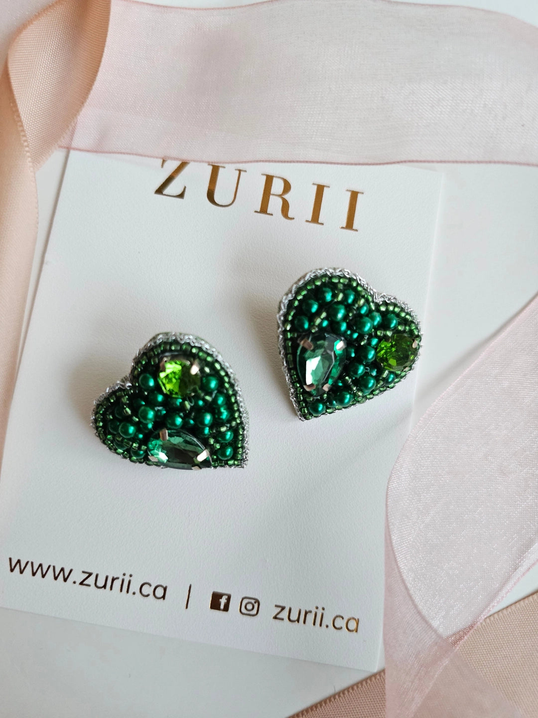 Green Heart Stud Earrings - Hand Embroidered