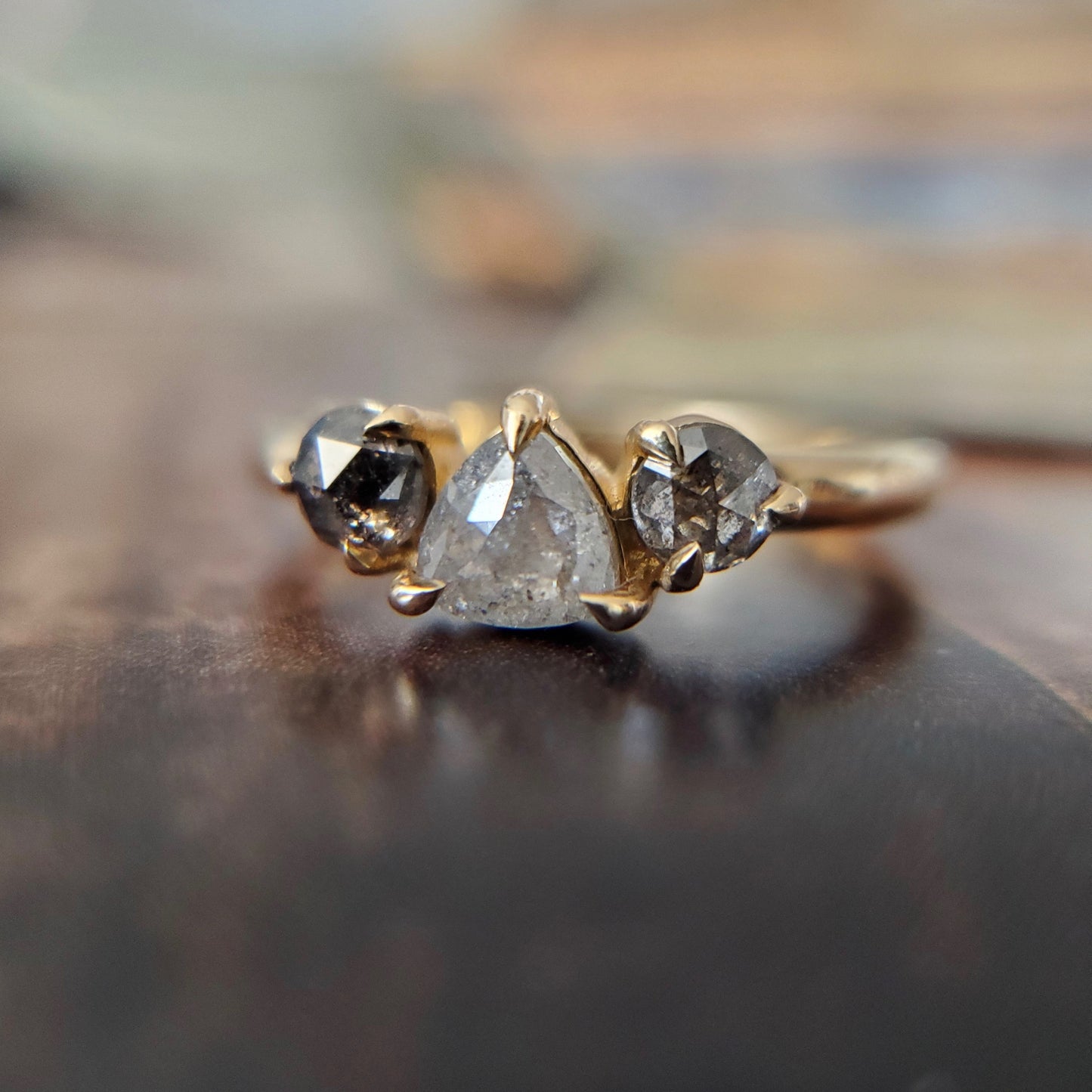 14k Yellow 3-Stone Ring with 0.93cts Total Salt & Pepper Rose-Cut Diamonds