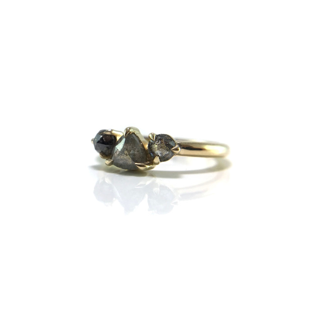 14k Yellow 3-Stone Ring with 0.93cts Total Salt & Pepper Rose-Cut Diamonds