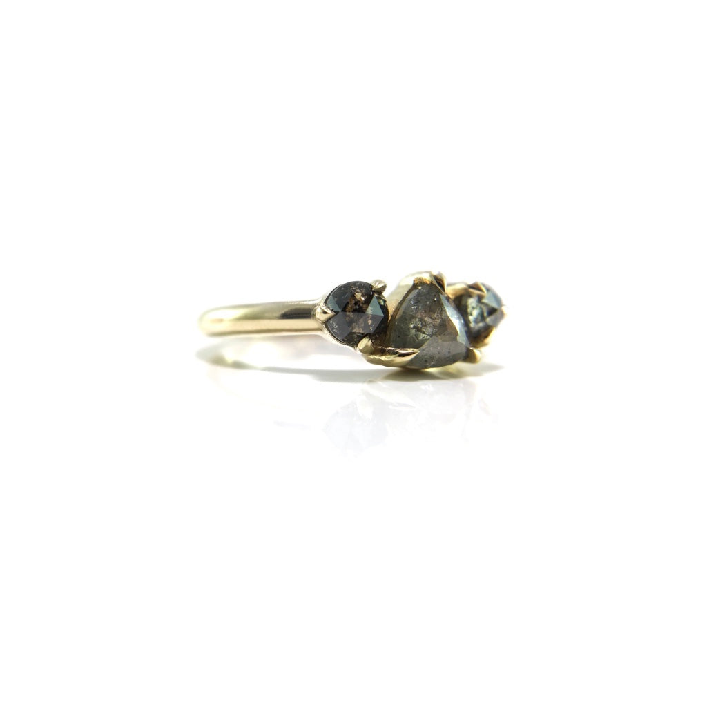 14k Yellow 3-Stone Ring with 0.93cts Total Salt & Pepper Rose-Cut Diamonds