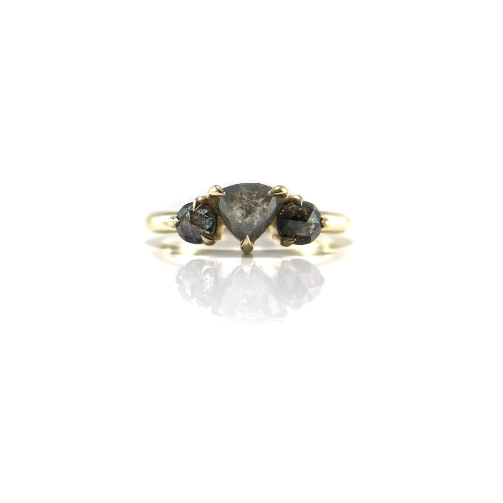 14k Yellow 3-Stone Ring with 0.93cts Total Salt & Pepper Rose-Cut Diamonds