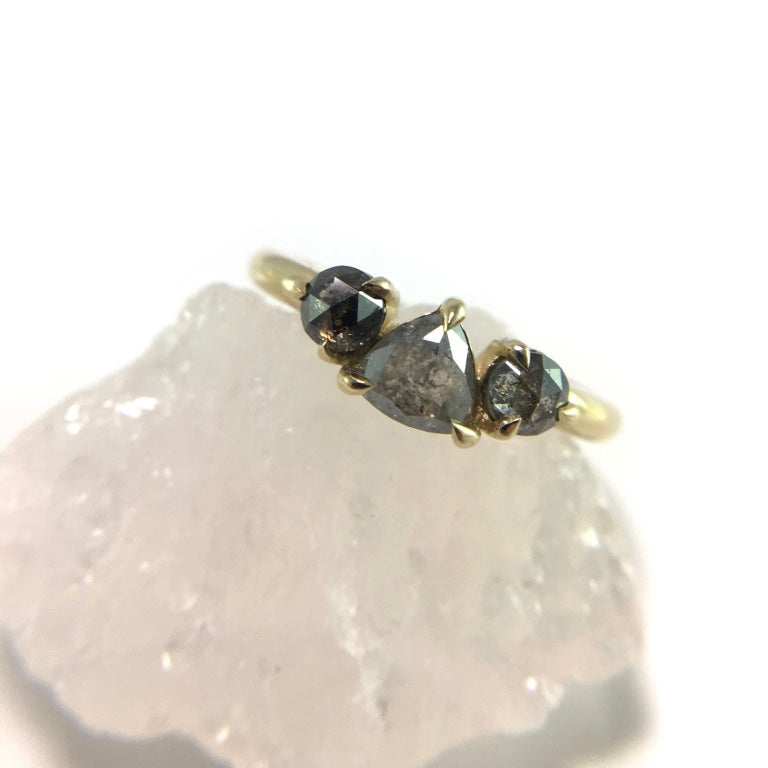 14k Yellow 3-Stone Ring with 0.93cts Total Salt & Pepper Rose-Cut Diamonds