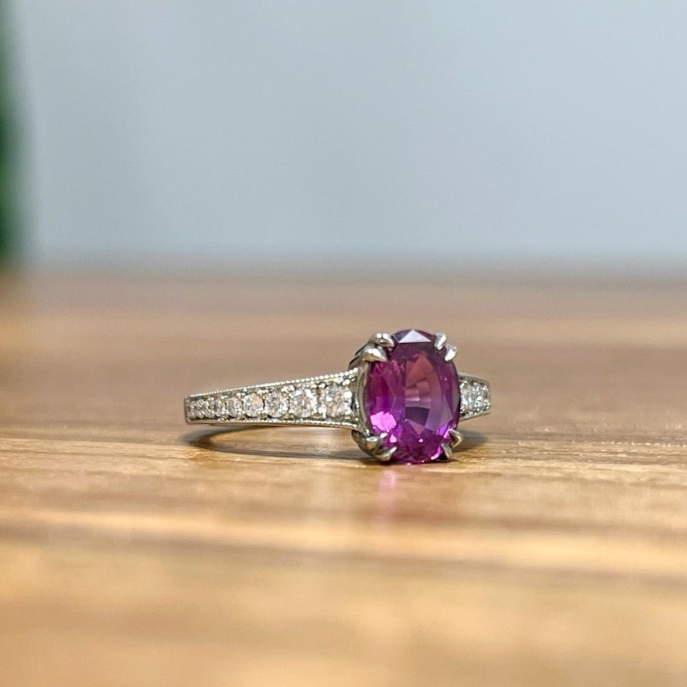 18k White Ring with 1.90ct Oval Pink Sapphire and Accent Diamonds