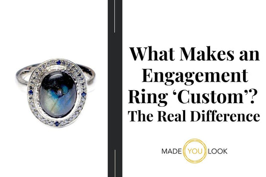 Custom engagement ring with gemstone and diamond halo showcasing unique design by Made You Look.