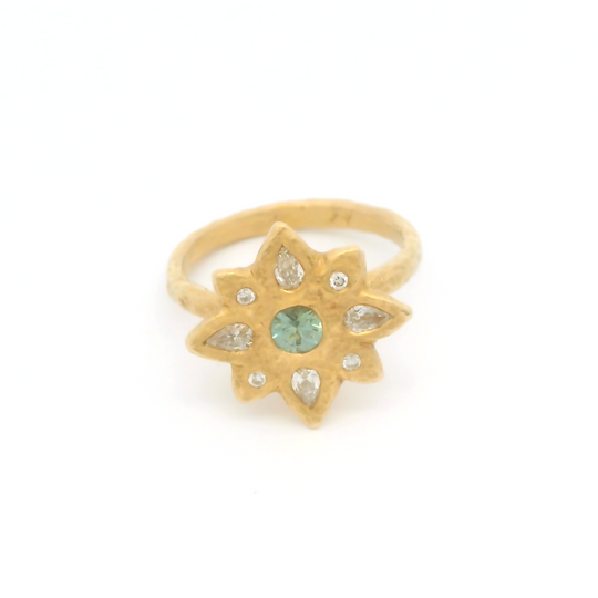 14k Yellow Organic Ring with Teal Blue Sapphire and Diamond Accents