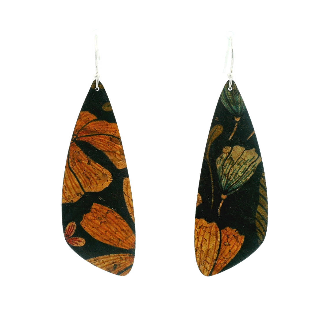 Small Floral on Black Cork Wing Earrings