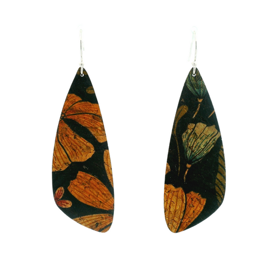Small Floral on Black Cork Wing Earrings