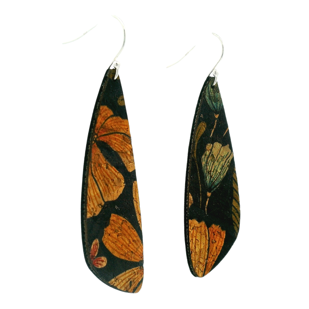 Small Floral on Black Cork Wing Earrings