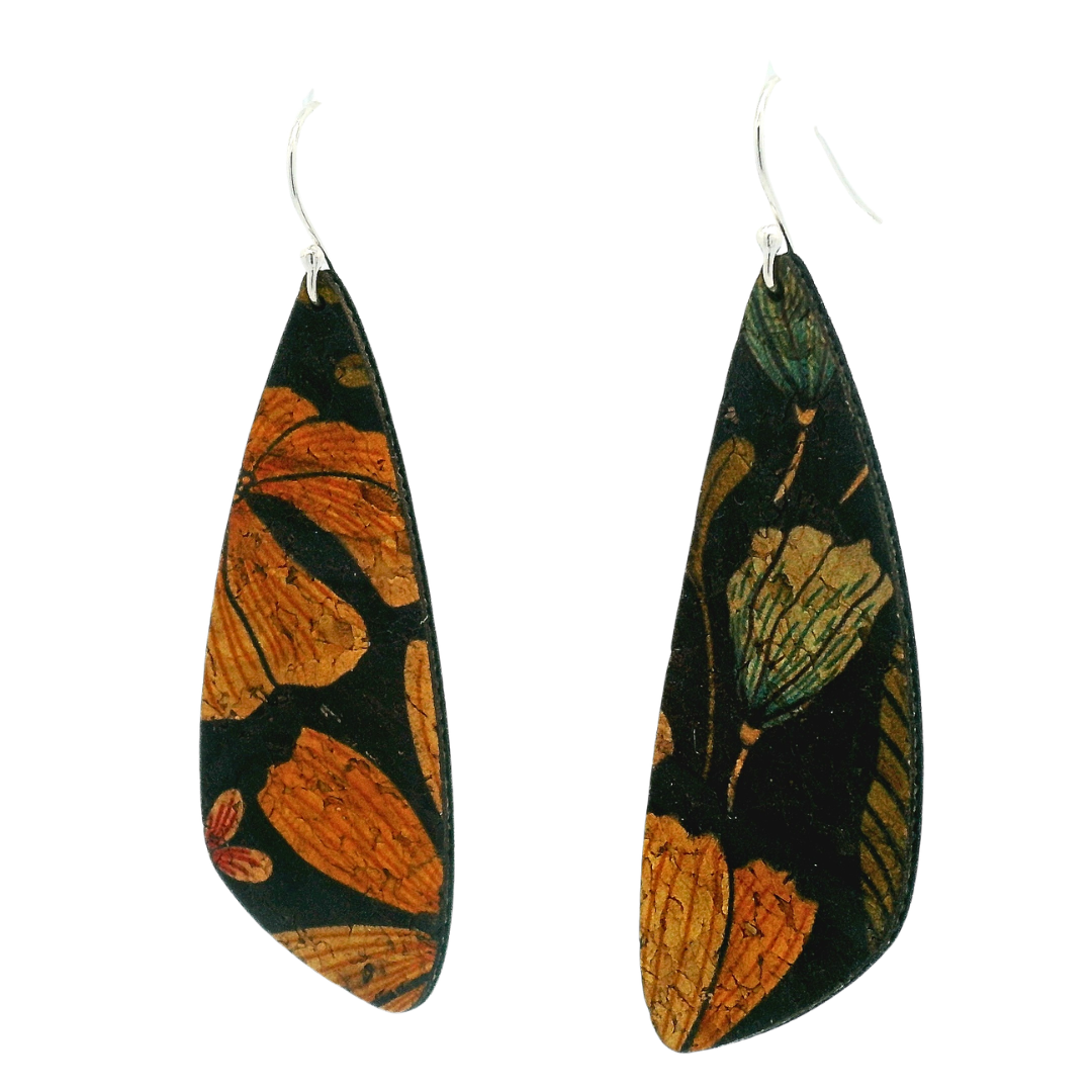 Small Floral on Black Cork Wing Earrings