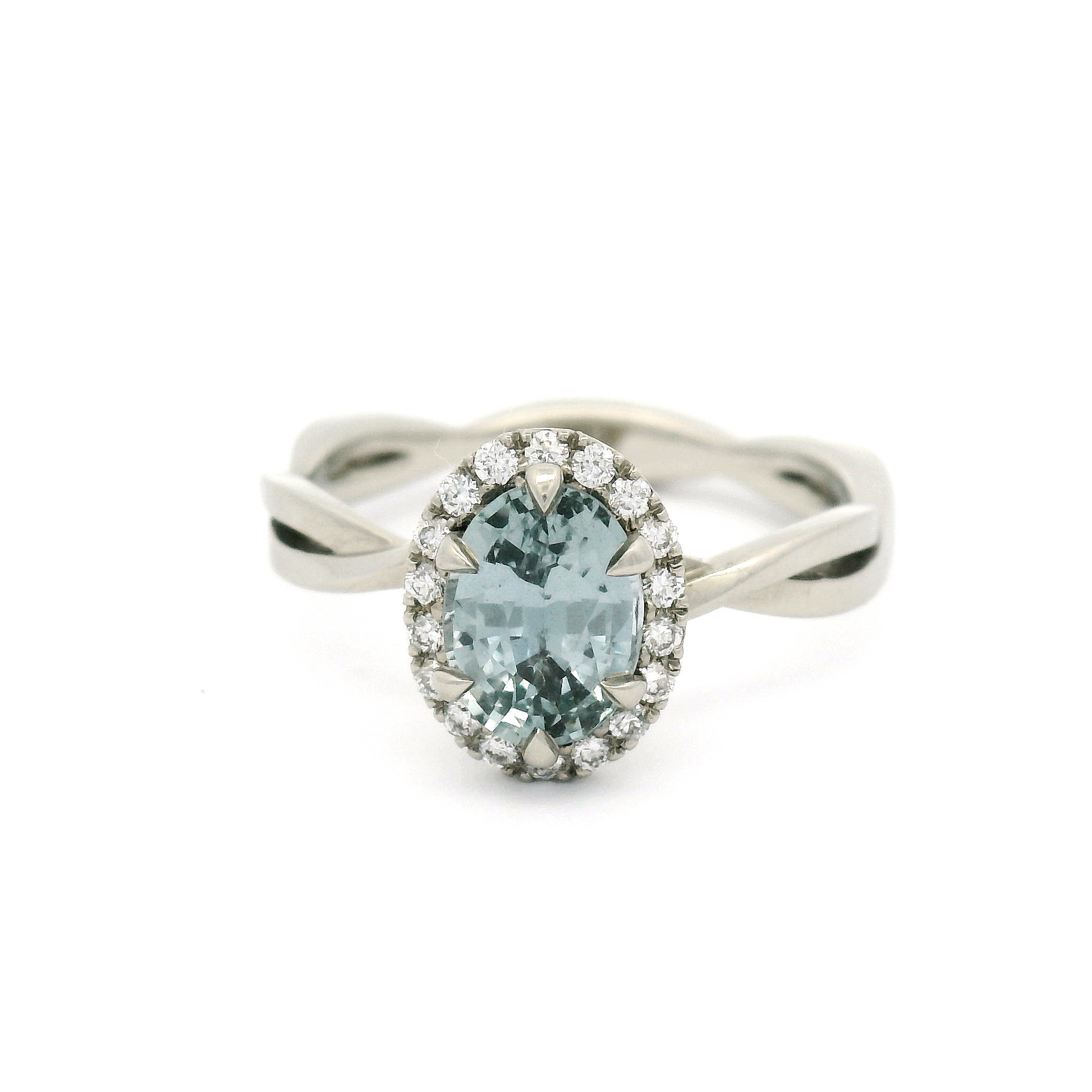 14k White Engagement Ring with 1.21ct Oval Grey-Blue Sapphire and Accent Diamond Halo