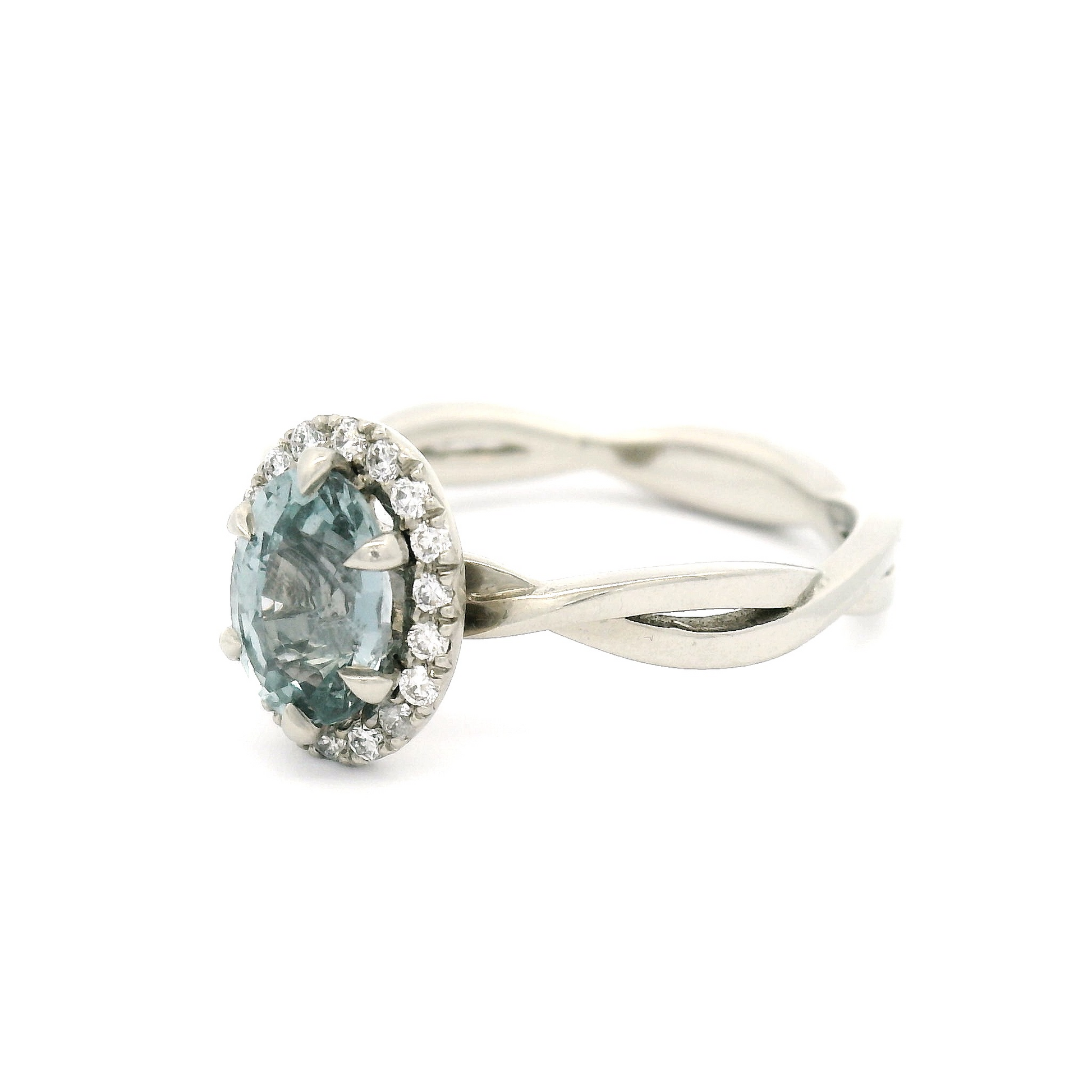 14k White Engagement Ring with 1.21ct Oval Grey-Blue Sapphire and Accent Diamond Halo
