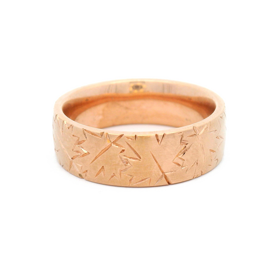10k Rose Gold 7mm Wide Engraved Maple Leaf Band