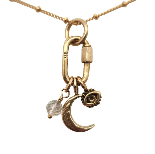 Quartz, Moonrock & Eye Charm Necklace