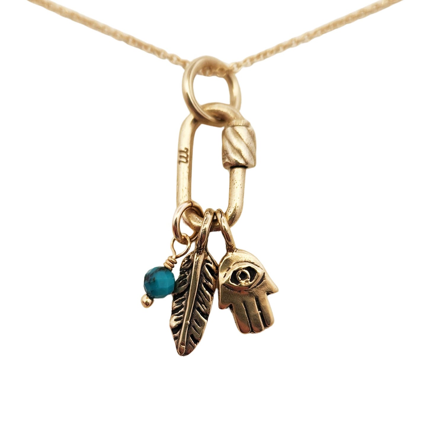 Turquoise, Feather & Hand Charm Necklace