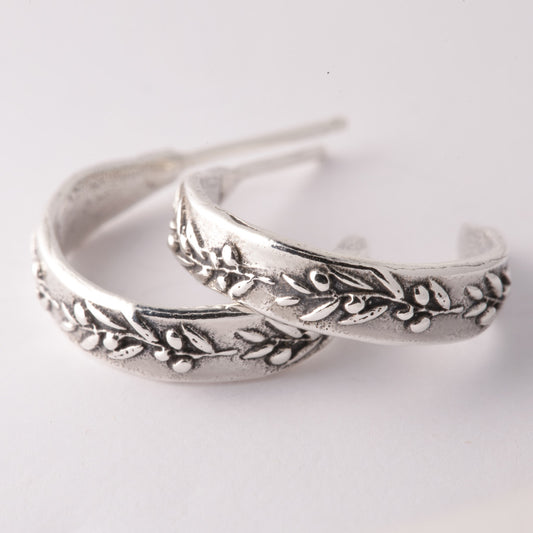 Sterling Silver Olive Branch Hoop Earrings