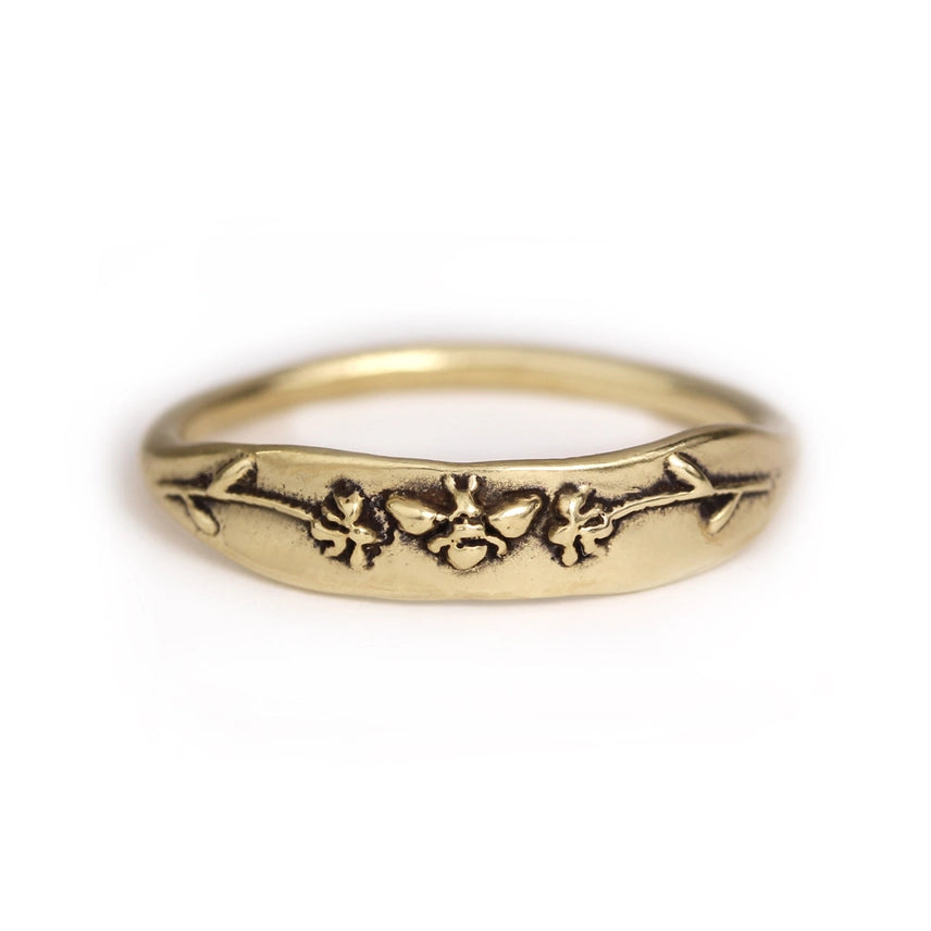 Bronze Bee in Flowers Signet Ring