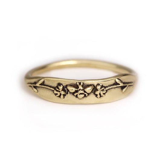 Bronze Bee in Flowers Signet Ring