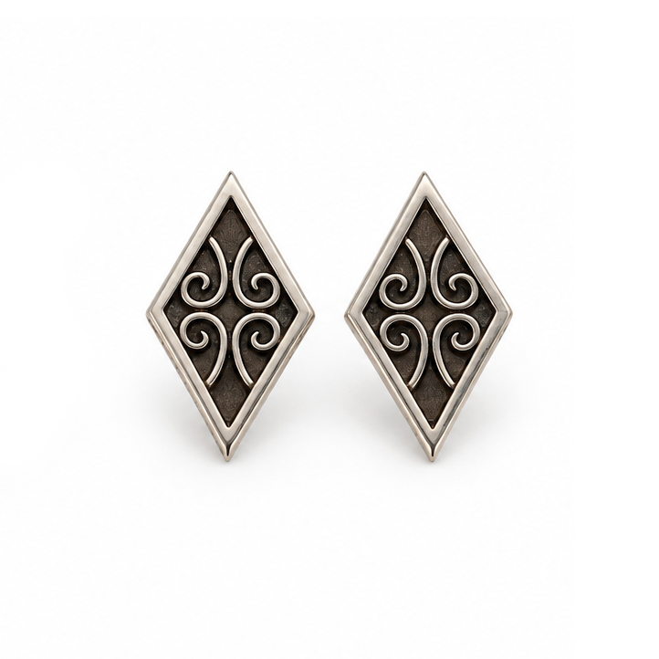 Sterling Silver Ornate Lozenge Stud Earrings