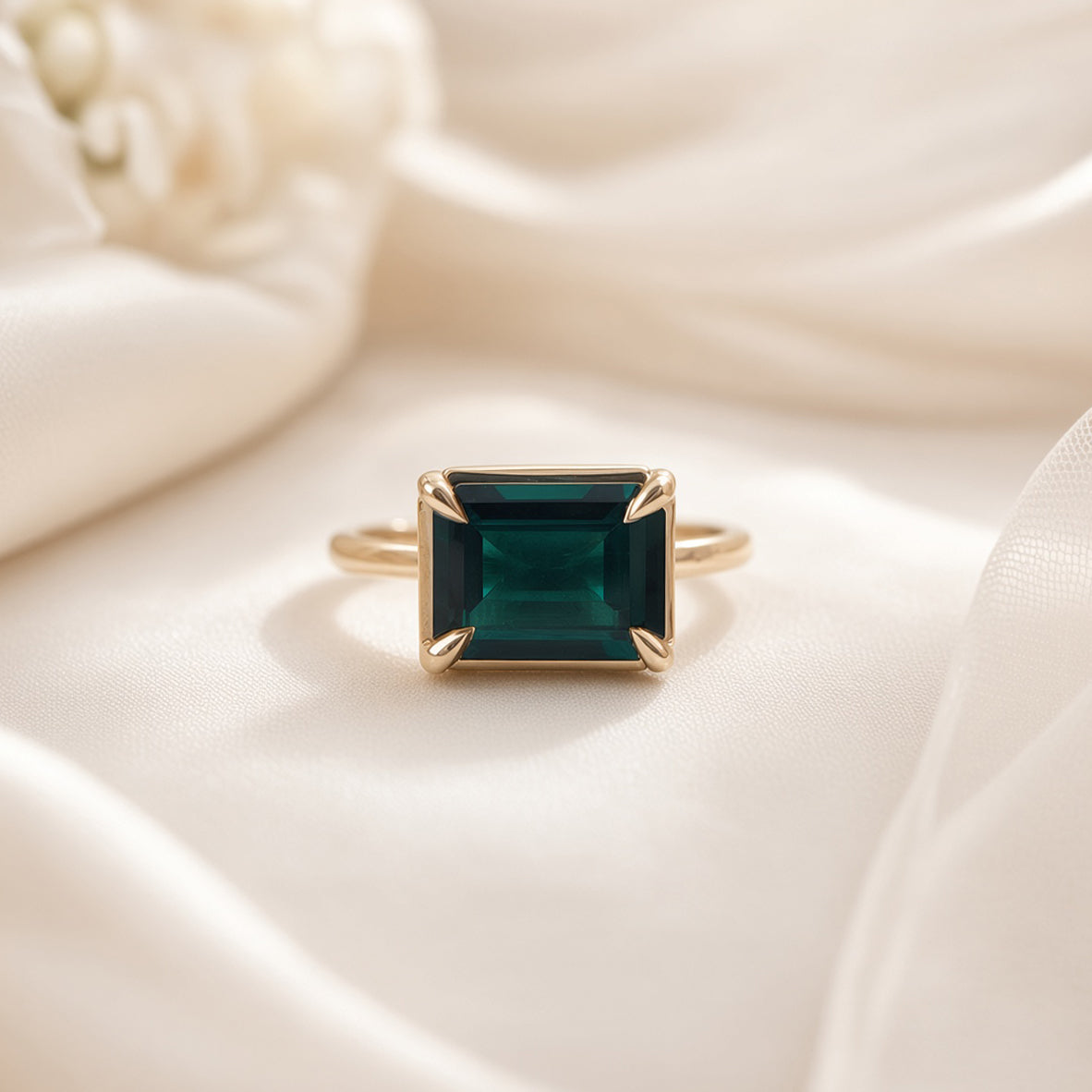 10k Yellow Gold Lab-Grown Emerald Horizontal Solitaire Ring