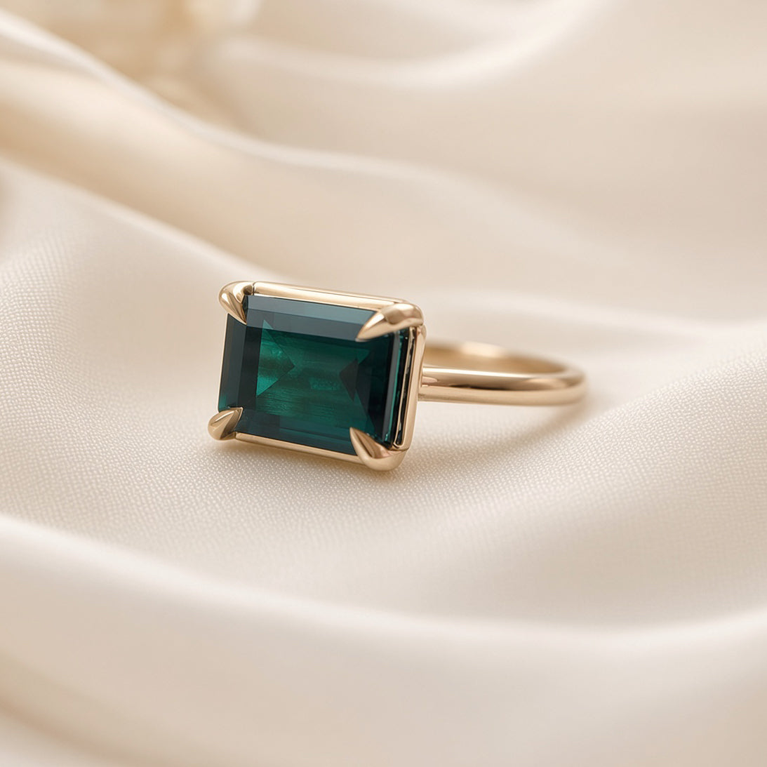 10k Yellow Gold Lab-Grown Emerald Horizontal Solitaire Ring
