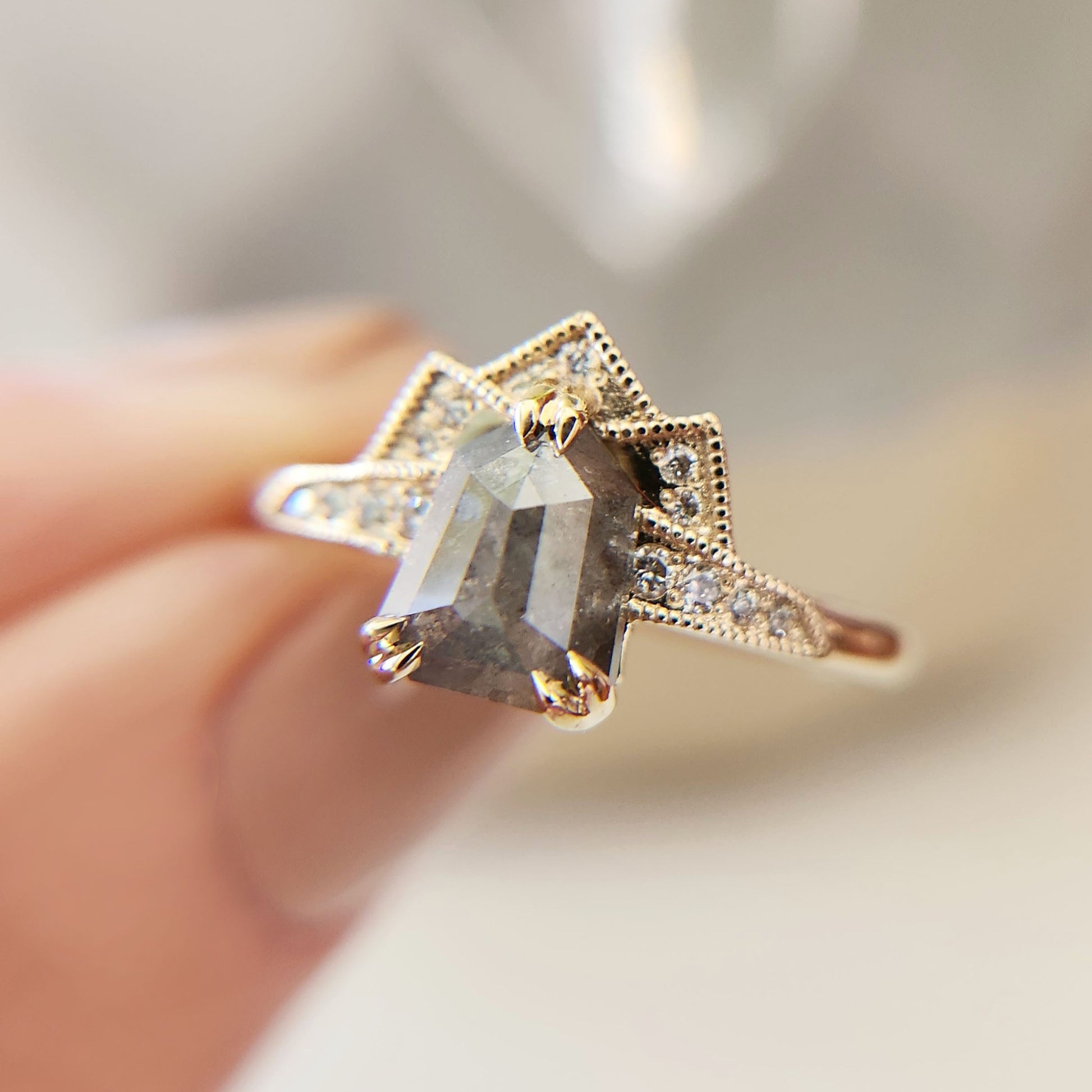Shield Salt Pepper Diamond Engagement Ring - Main Image