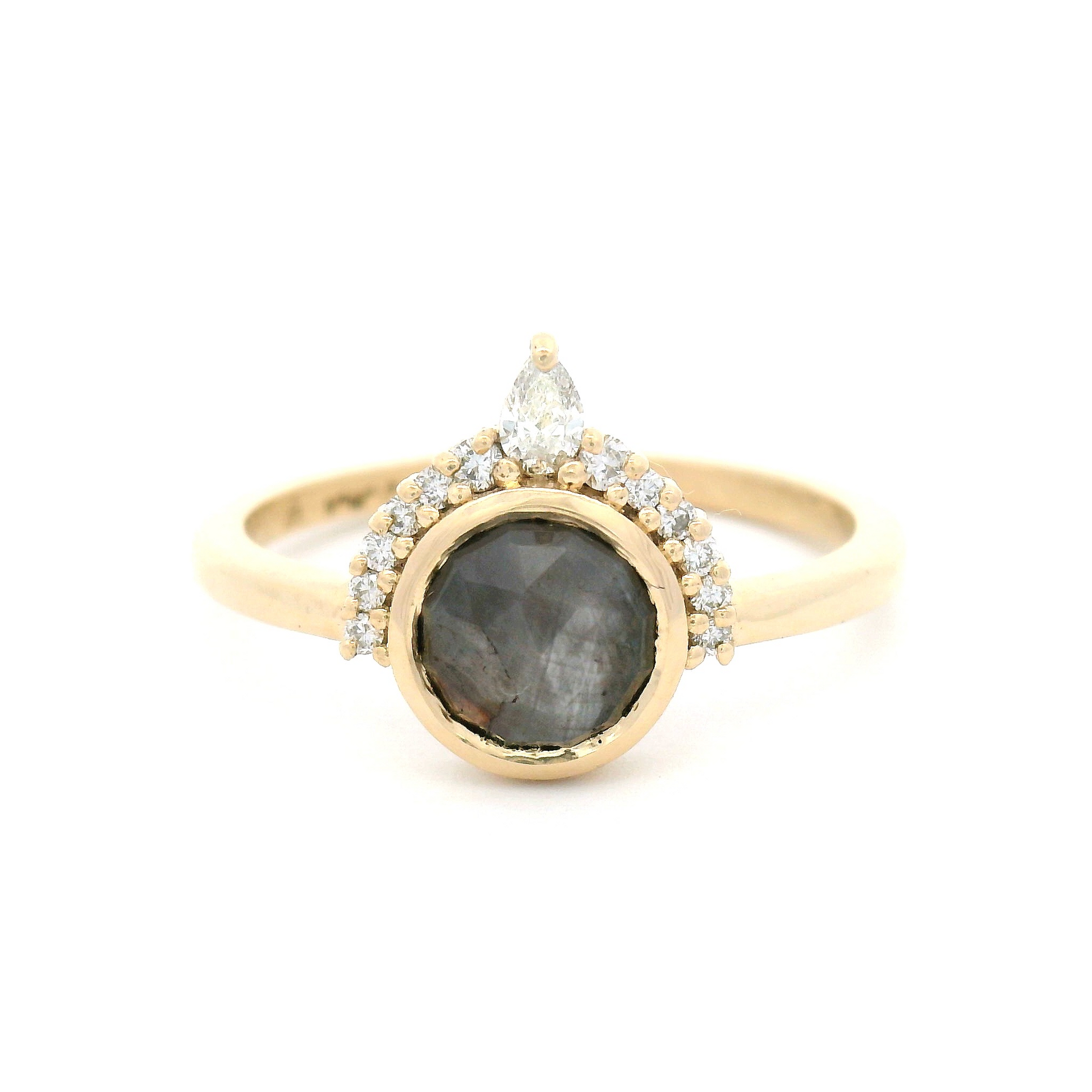 10k Yellow Ring with 1.3ct Lab-Grown Grey Rose-Cut Star Sapphire and Accent Lab Diamonds