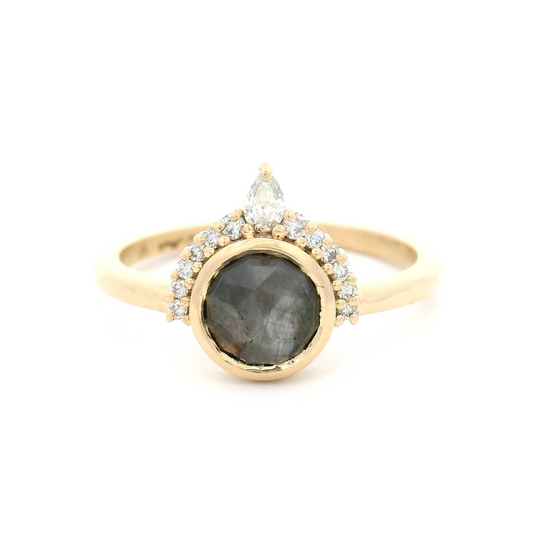 10k Yellow Ring with 1.3ct Lab-Grown Grey Rose-Cut Star Sapphire and Accent Lab Diamonds