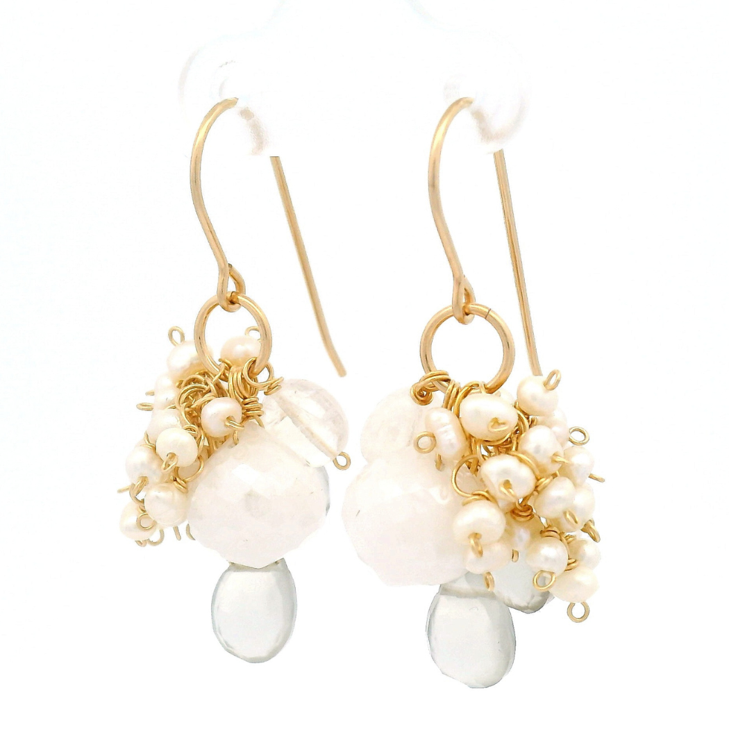 Sillimanite, Pearl, Moonstone Drop Earrings