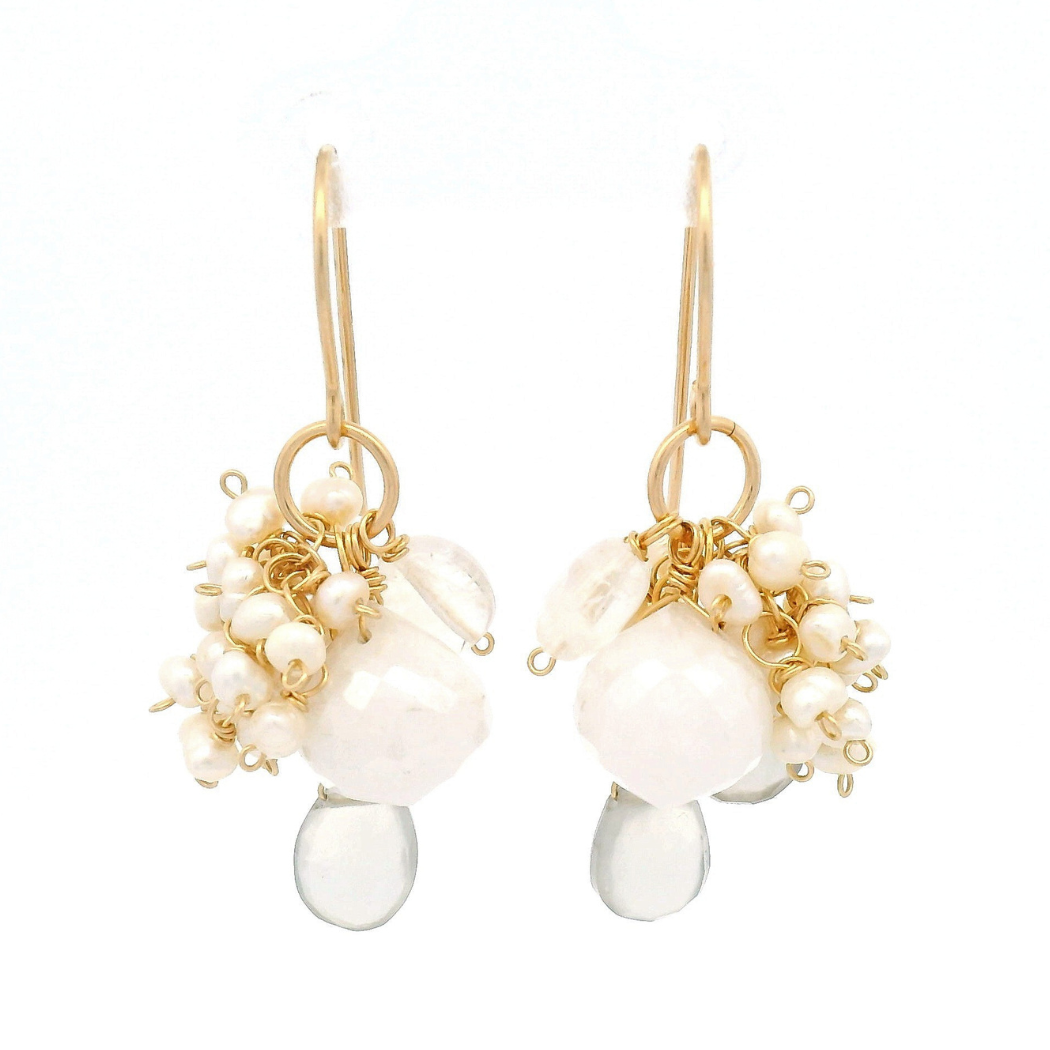 Sillimanite, Pearl, Moonstone Drop Earrings