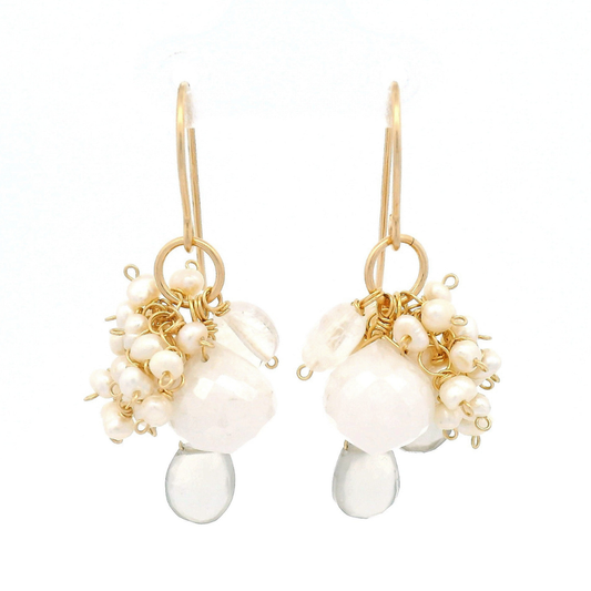 Sillimanite, Pearl, Moonstone Drop Earrings