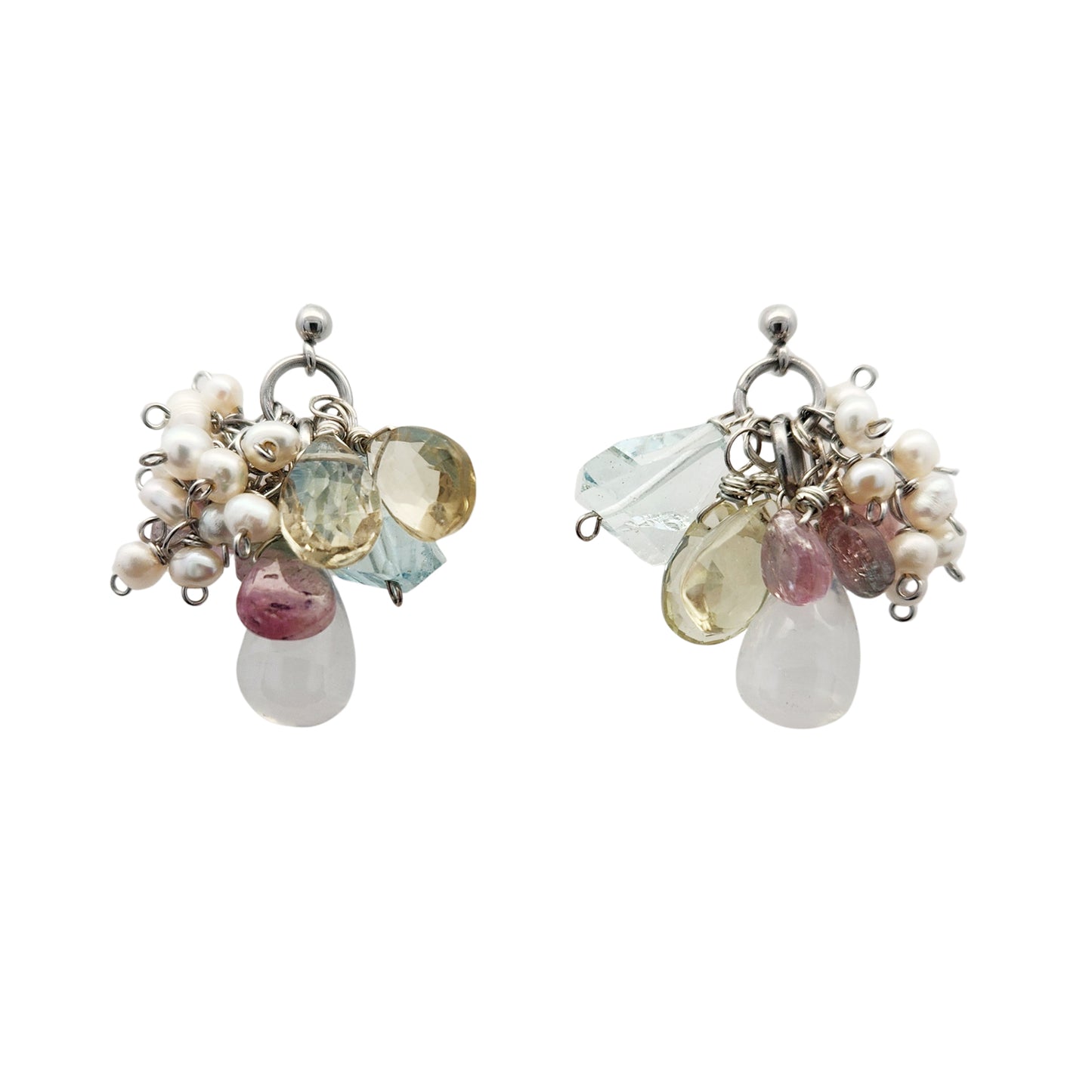Quartz, Pearl, Tourmaline & Aquamarine Cluster Earrings